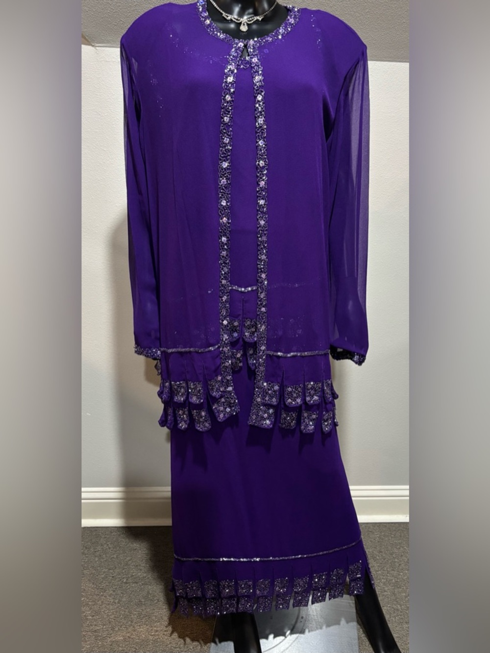 Tan Chho 3 Piece Evening Set Maxi Skirt Blouse & Jacket Purple Beaded Fringe 2X